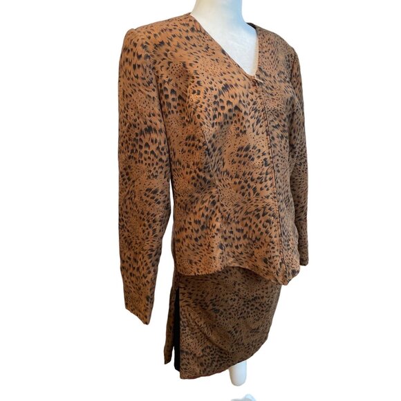 Brown Animal Print Long Sleeve Two Piece Skirt Top Set V Neck Front Zipper Sz M - Picture 3 of 13